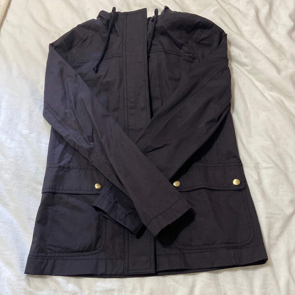 J. Crew Mercantile xtra small black button front zipper raincoat w hood & pocket